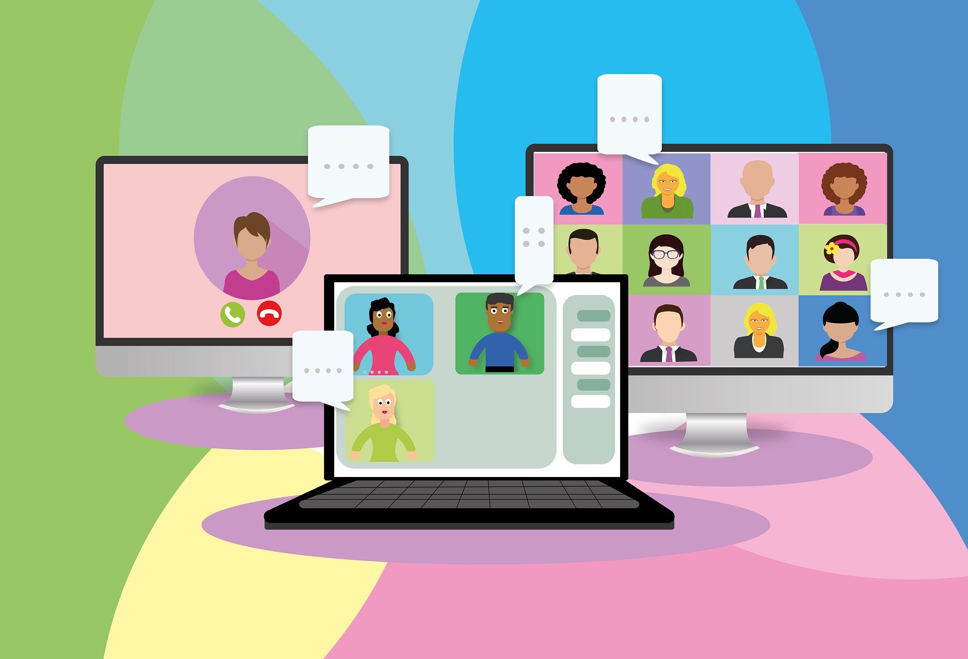 diverse group of webinar attendees on multiple device screens