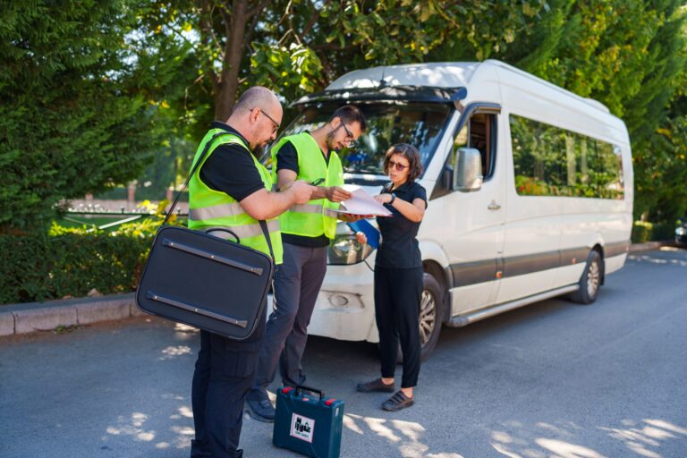 Traffic team standing with woman reviewing document outside van on empty street with trees